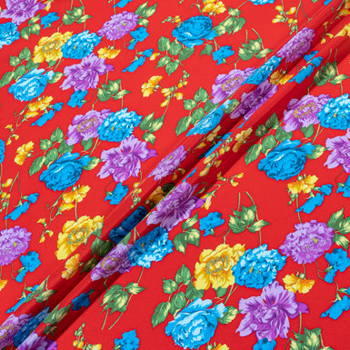 Multi-Coloured Floral Printed Red Silk Crêpe de Chine