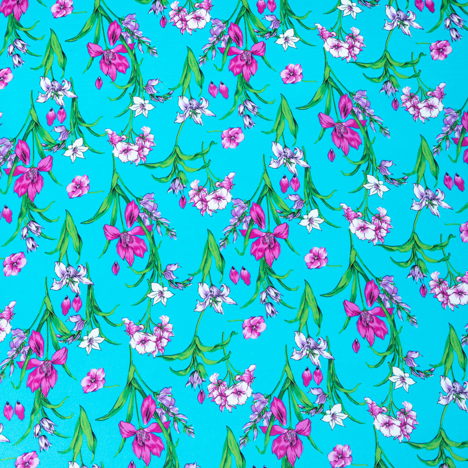 Magenta Floral Printed Turquoise Silk Crêpe de Chine (A 2.70m Piece)