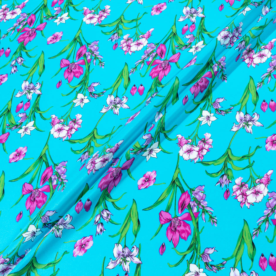 Magenta Floral Printed Turquoise Silk Crêpe de Chine (A 2.70m Piece)