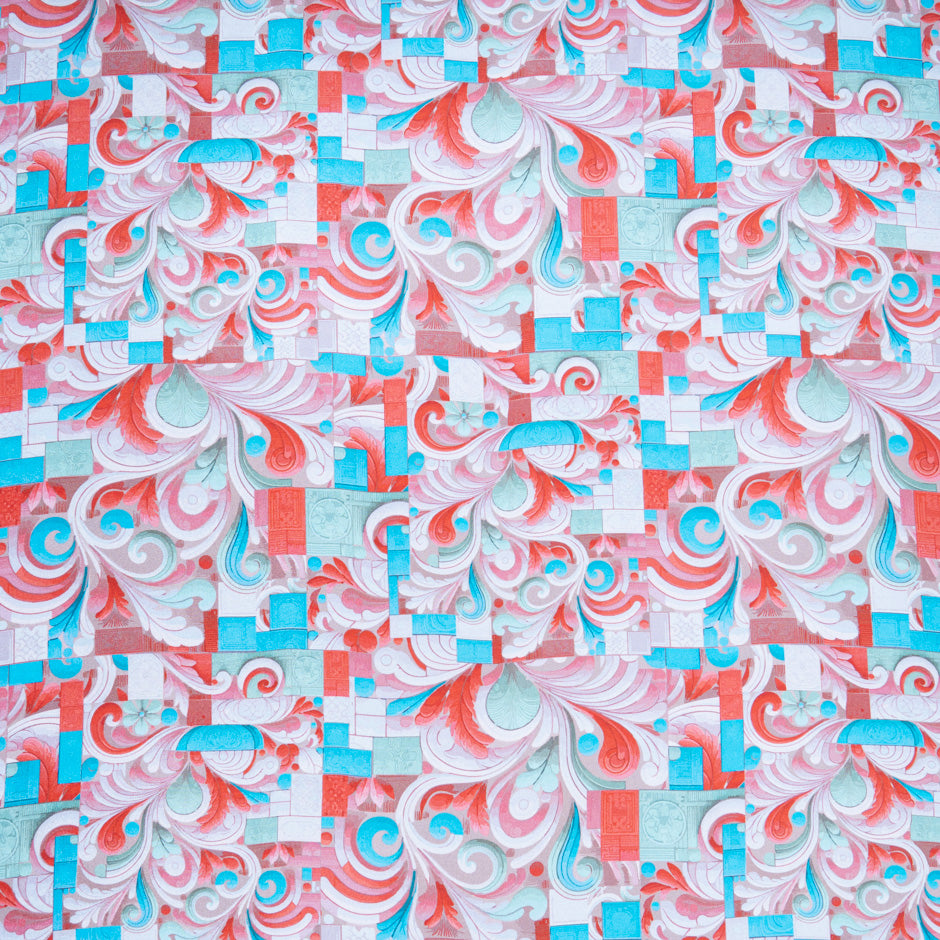 Red & Turquoise Printed Pure Silk Twill