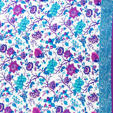 Blue & Purple Floral Printed White Silk Satin