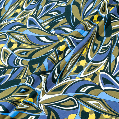 Khaki, Blue & Yellow Abstract Printed Silk Crêpe