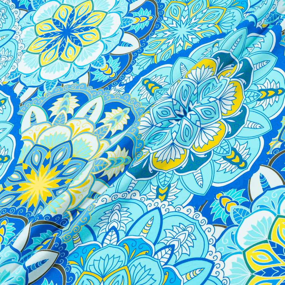 Blue & Yellow Geometric Floral Printed Silk Crêpe