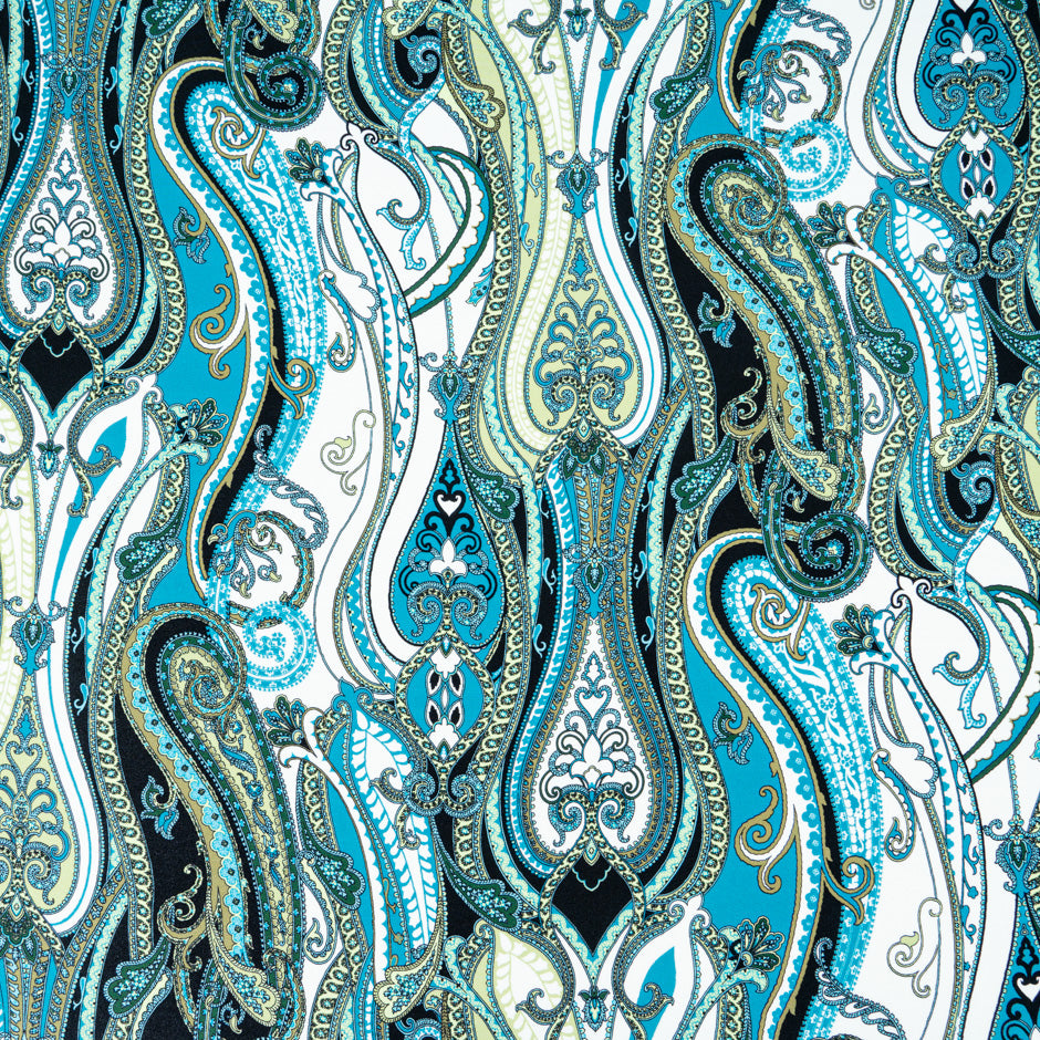 Teal Blue & Green Paisley Printed Pure Silk Crêpe