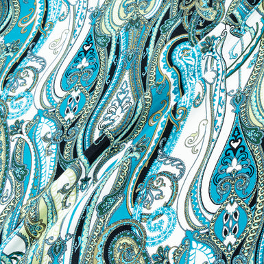 Teal Blue & Green Paisley Printed Pure Silk Crêpe