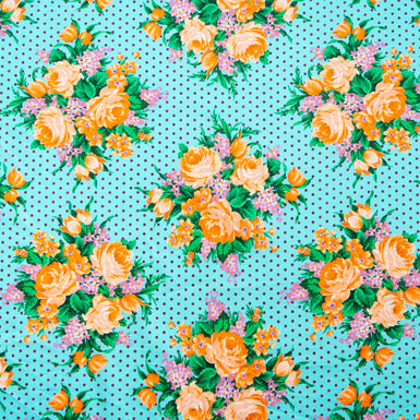 Bouquet Floral Printed Turquoise Pure Cotton