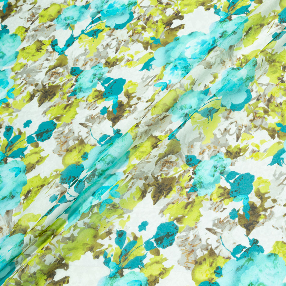 Lime & Turquoise Floral Printed Silk Georgette