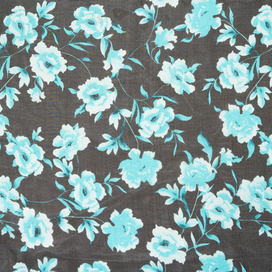 Turquoise Floral Printed Black Pure Silk Georgette