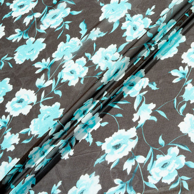 Turquoise Floral Printed Black Pure Silk Georgette