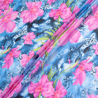 Pink Floral & Blue Animal Printed Silk Georgette