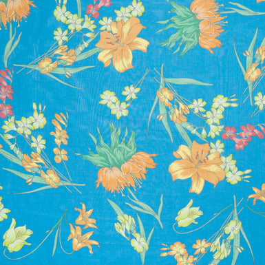 Multi-Coloured Floral Printed Blue Silk Georgette