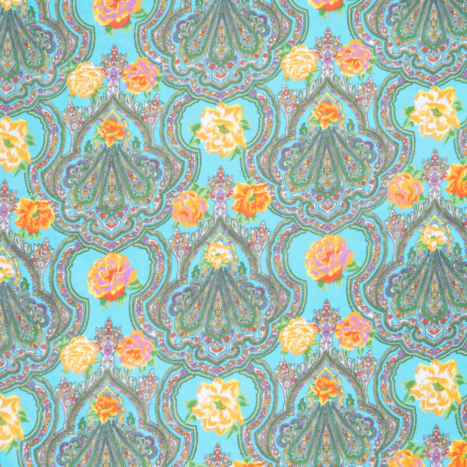 Multi-Coloured Paisley Printed Turquoise Silk Georgette