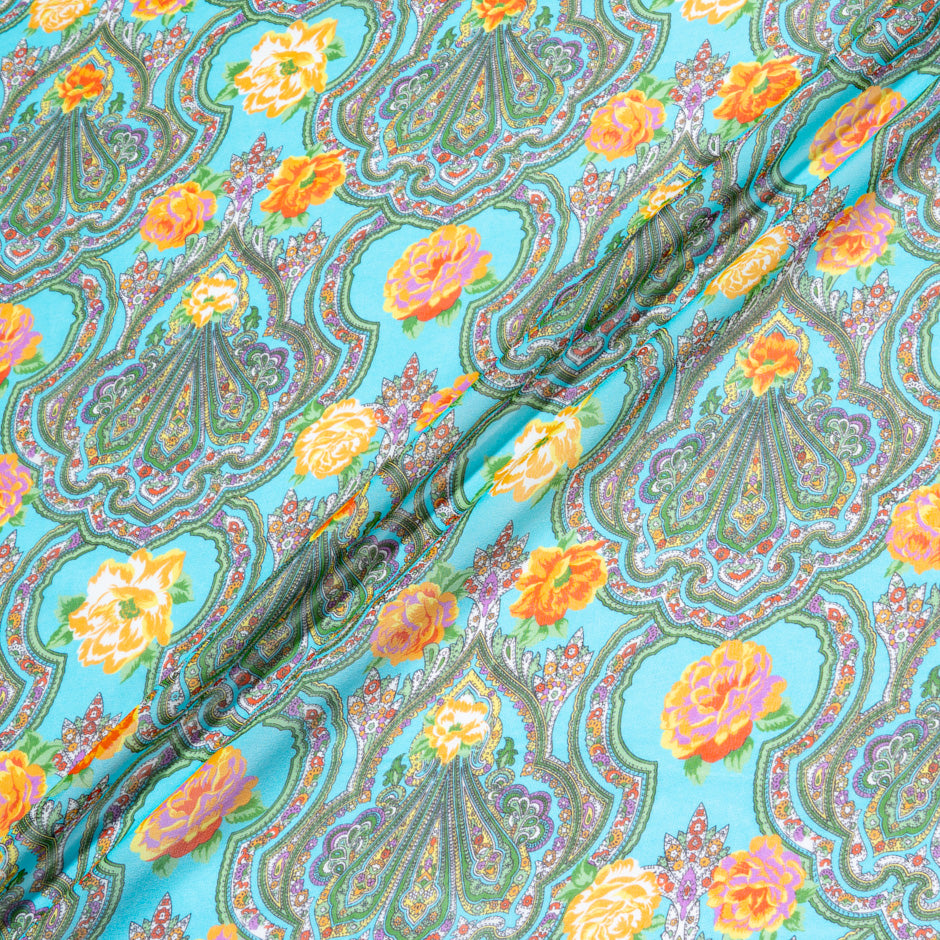 Multi-Coloured Paisley Printed Turquoise Silk Georgette