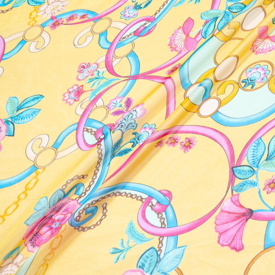 Floral & Ribbon Printed Yellow Silk Georgette