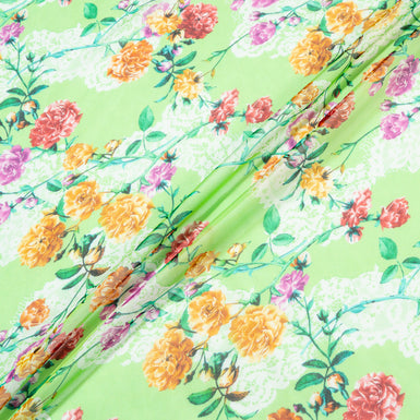 Multi Floral Printed Rich Green Pure Silk Chiffon