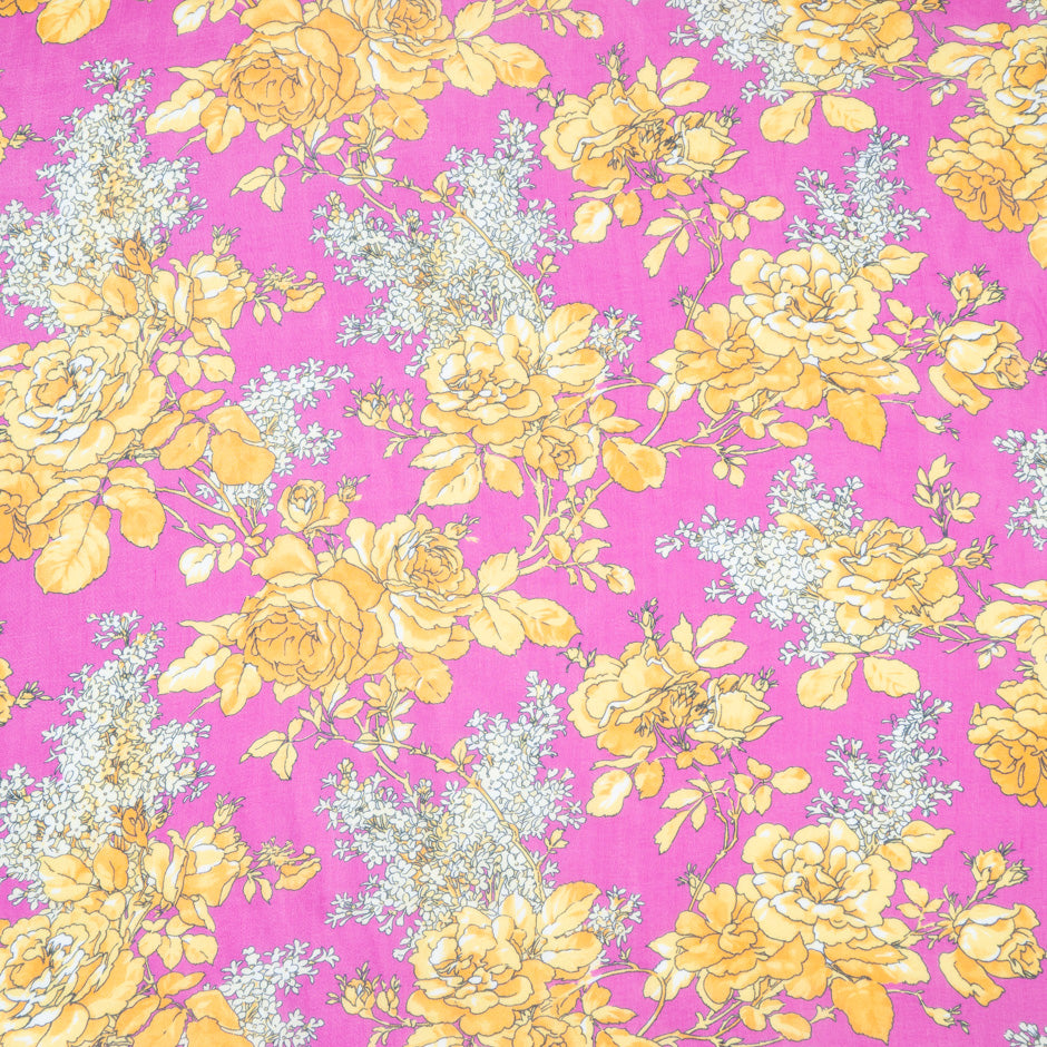 Yellow Rose Printed Pink Pure Silk Chiffon