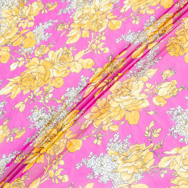 Yellow Rose Printed Pink Pure Silk Chiffon