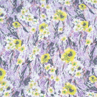 Yellow Floral & Purple Printed Pure Silk Chiffon