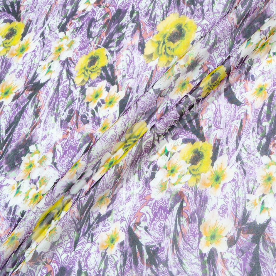 Yellow Floral & Purple Printed Pure Silk Chiffon