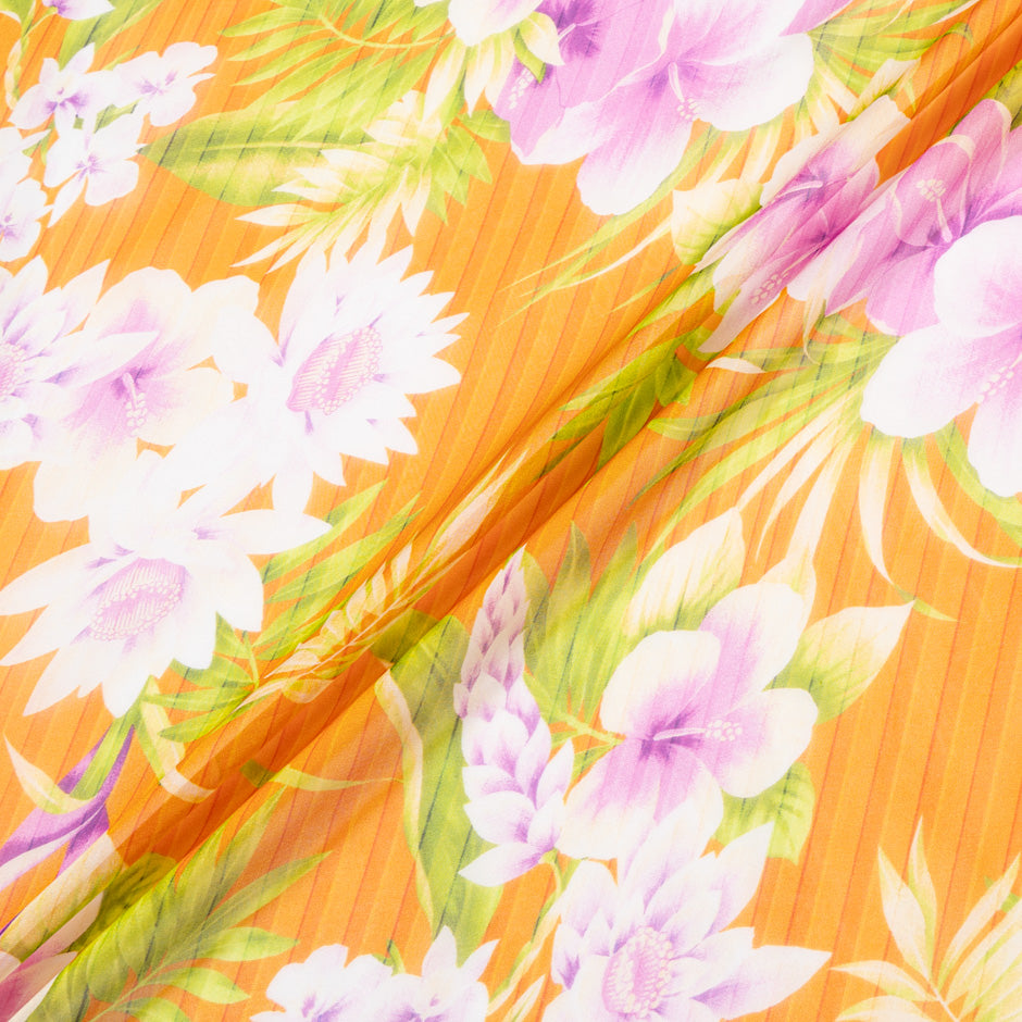 Plumeria Printed Orange Striped Silk Chiffon