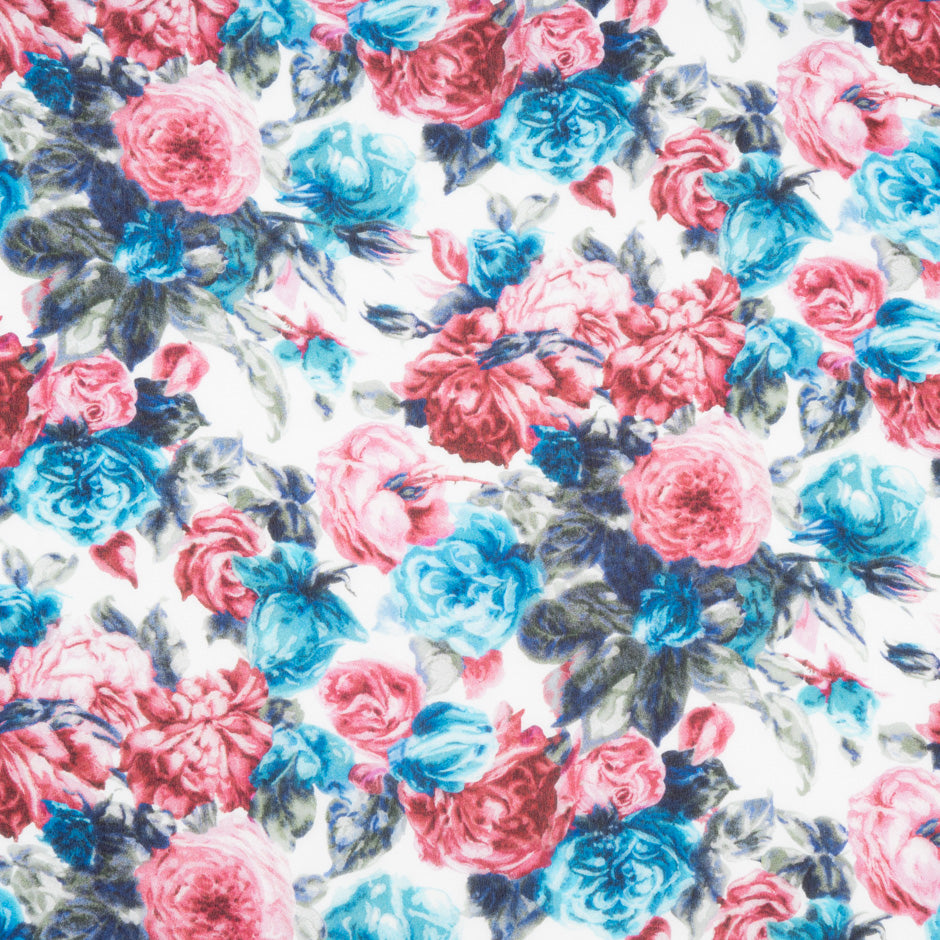 Deep Red & Blue Rose Floral Printed Silk Chiffon