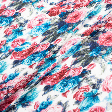 Deep Red & Blue Rose Floral Printed Silk Chiffon