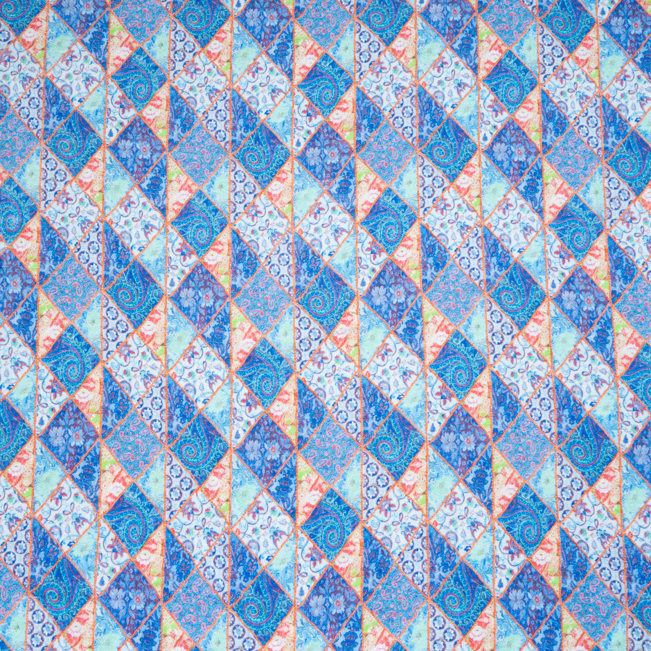 Blue Patchwork Printed Pure Linen