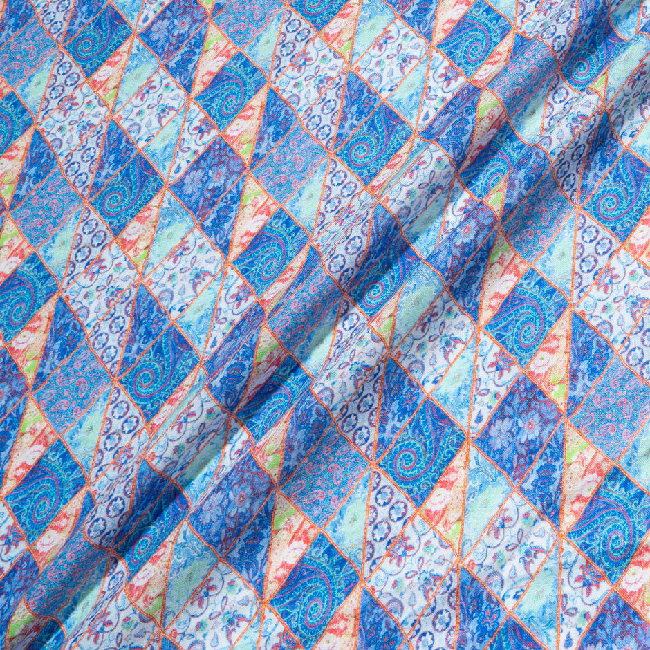 Blue Patchwork Printed Pure Linen