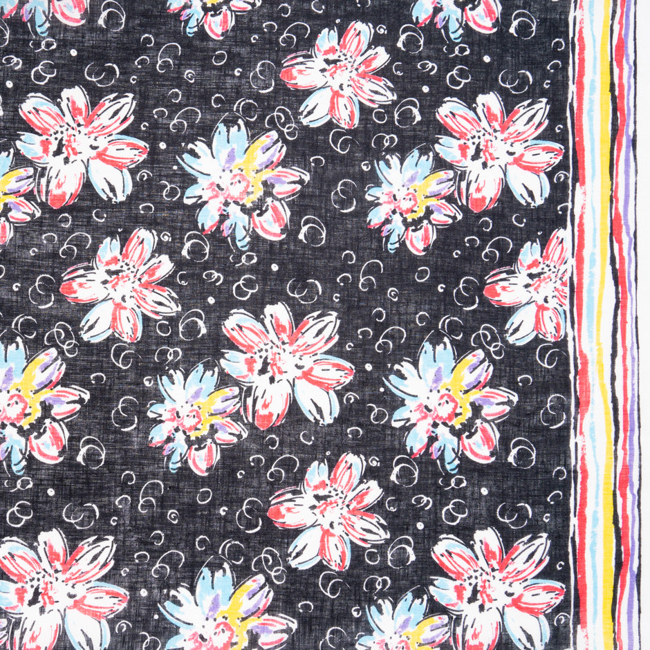 Multi Floral Printed Black Handkerchief Linen