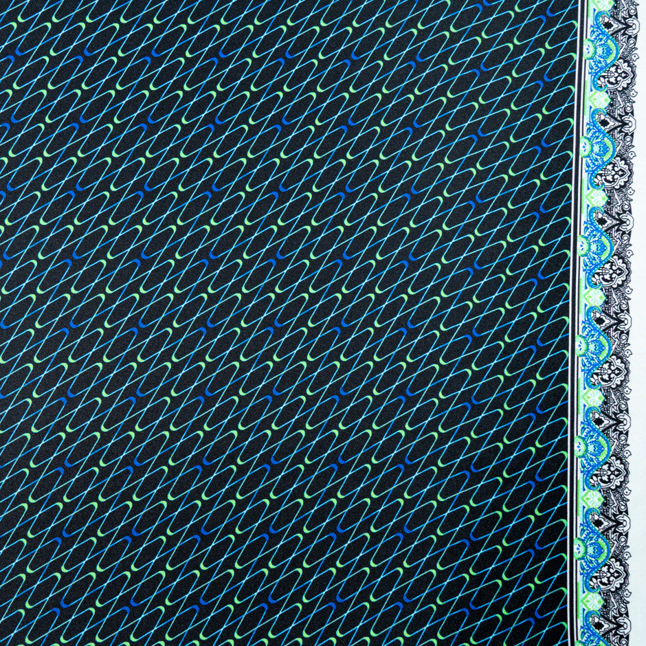 Blue & Green Geometric Printed Black Silk Twill