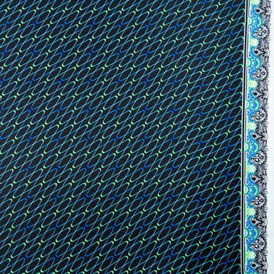 Blue & Green Geometric Printed Black Silk Twill