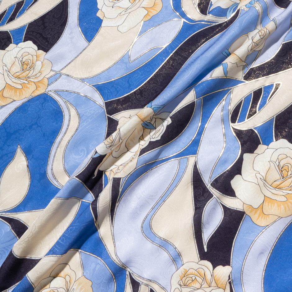 Yellow Rose Vision Printed Blue Pure Silk Jacquard