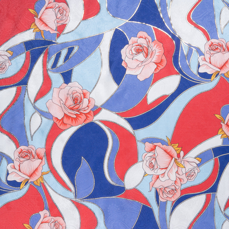 Pink Rose Vision Printed Blue & Red Pure Silk Jacquard