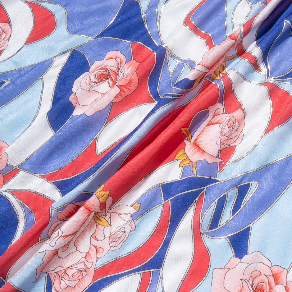 Pink Rose Vision Printed Blue & Red Pure Silk Jacquard