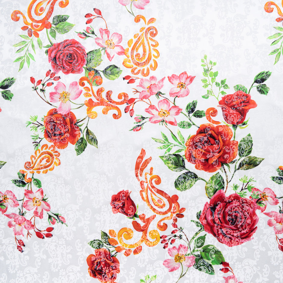 Red Rose Vision Printed Ivory Pure Silk Jacquard