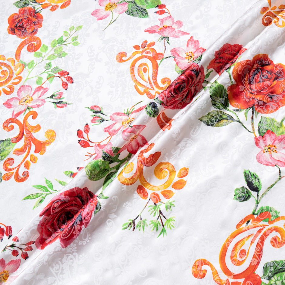 Red Rose Vision Printed Ivory Pure Silk Jacquard