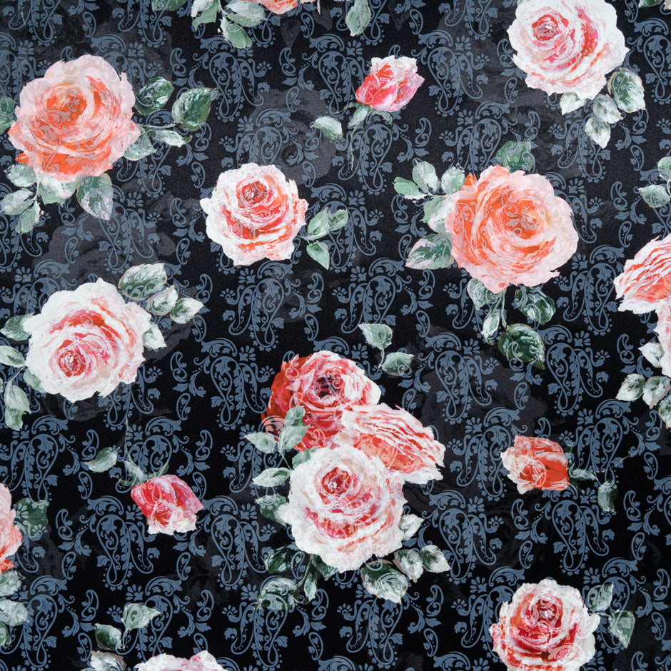 Pink Rose Vision Printed Black Silk Jacquard