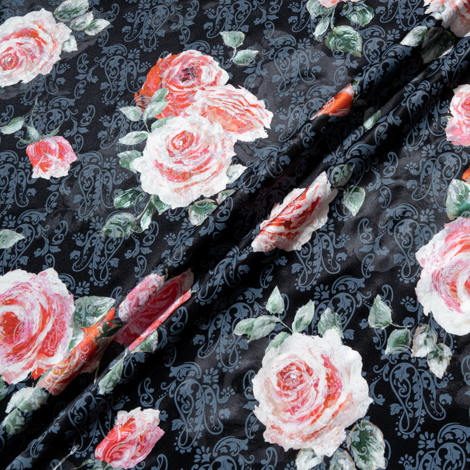 Pink Rose Vision Printed Black Silk Jacquard