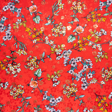 Delicate Floral Printed Red Metallic Silk Jacquard