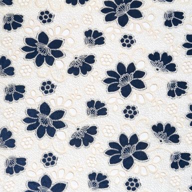 Midnight Blue Floral Embroidered Microfibre