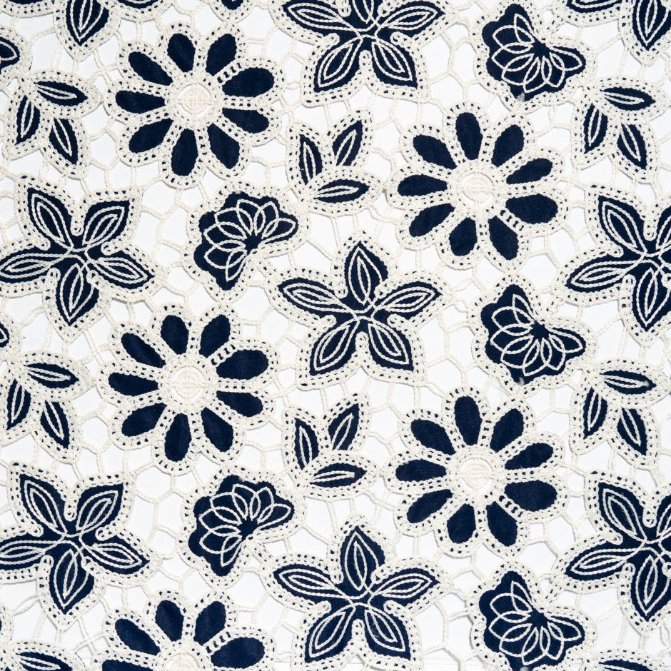 Midnight Blue & Cream Floral Embroidered Microfibre