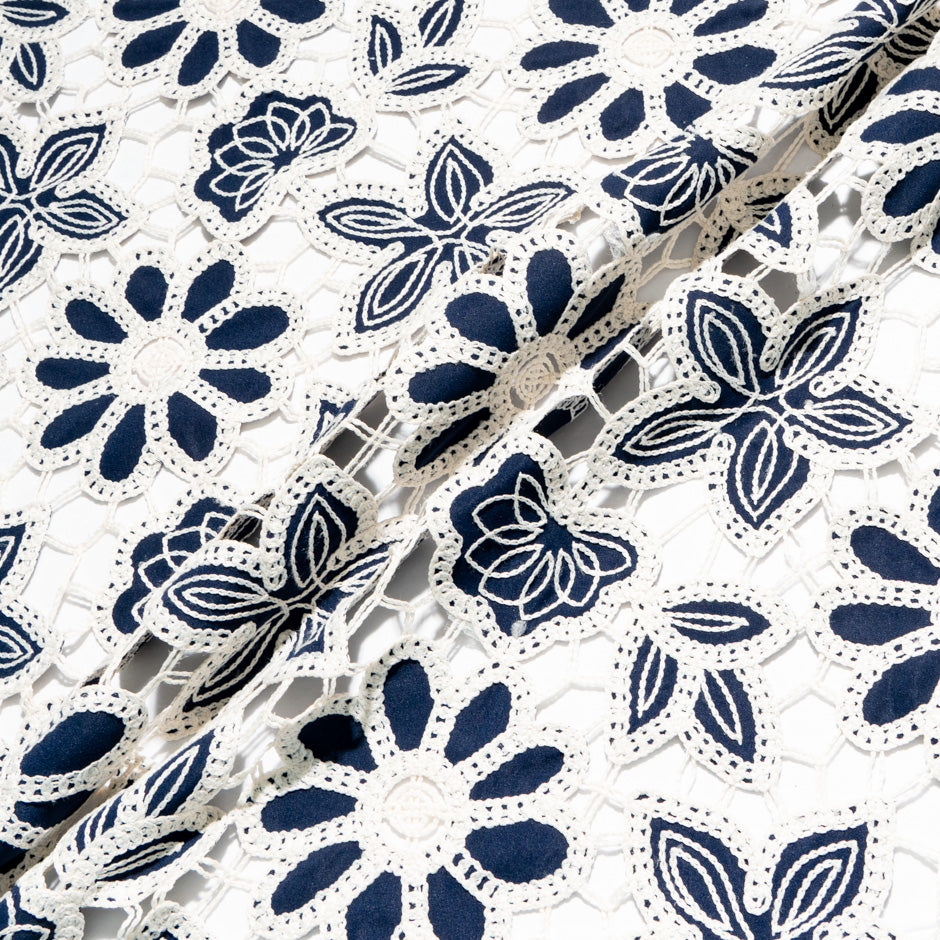 Midnight Blue & Cream Floral Embroidered Microfibre