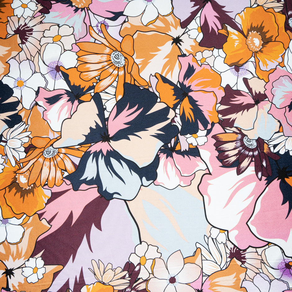 Orange & Pink Retro Floral Printed Pure Silk Twill