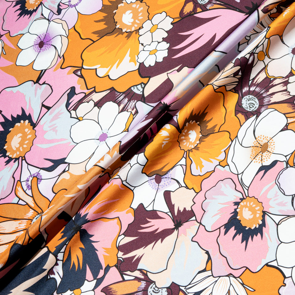 Orange & Pink Retro Floral Printed Pure Silk Twill