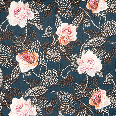 Rose Floral Printed Blue Silk Twill