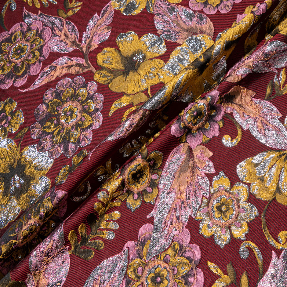 Yellow & Pink Floral Maroon Brocade