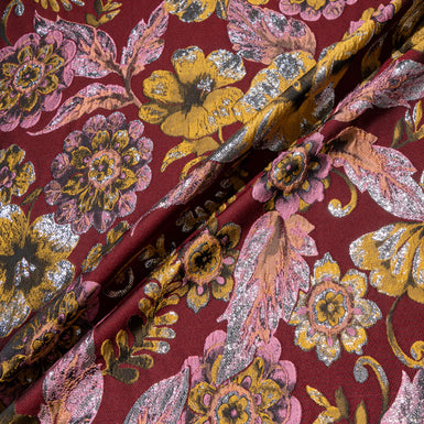 Yellow & Pink Floral Maroon Brocade