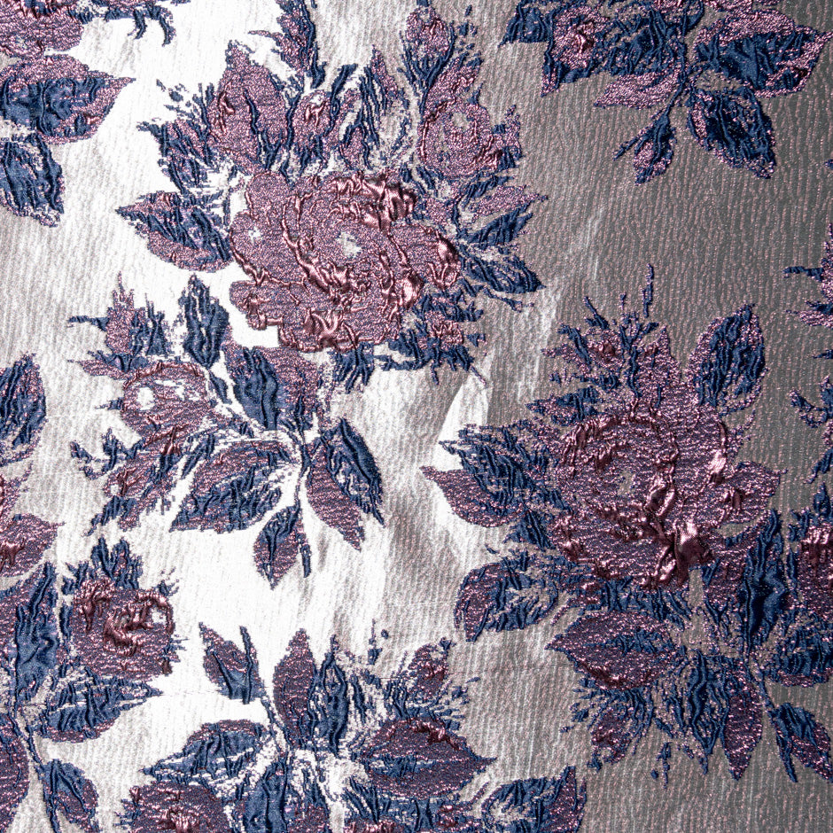 Taupe, Plum & Blue Metallic Floral Cloqué