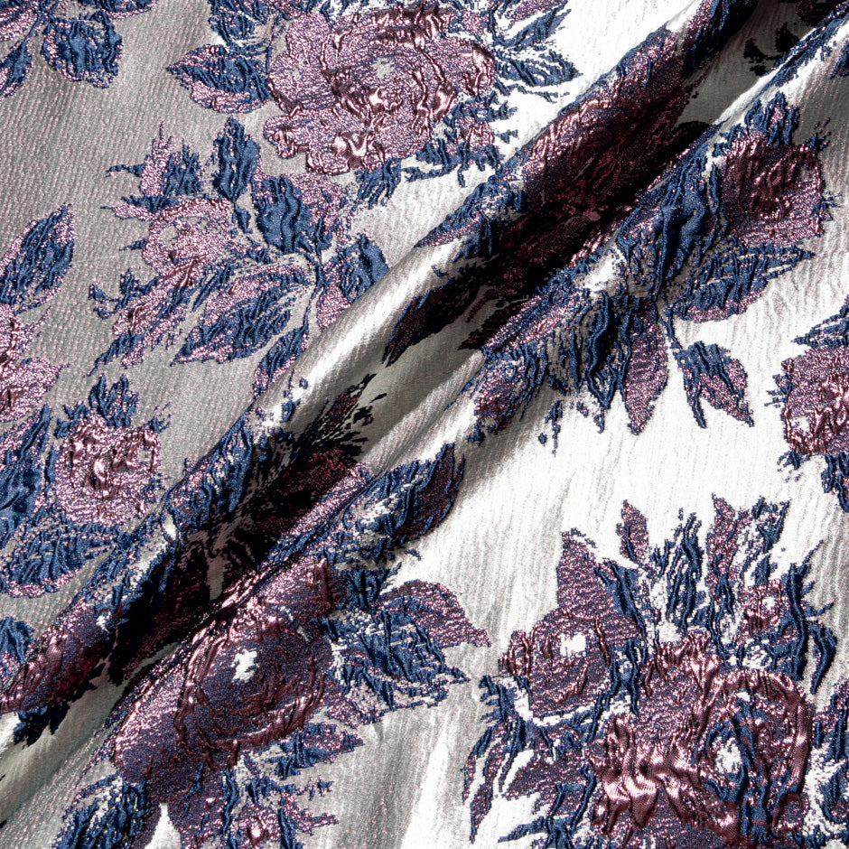 Taupe, Plum & Blue Metallic Floral Cloqué