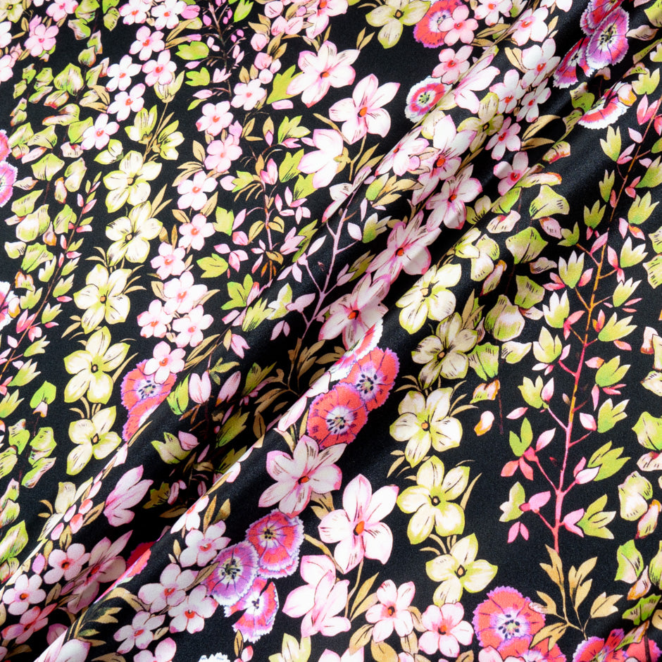 Wild Floral Printed Black Soft Finish Duchess Satin